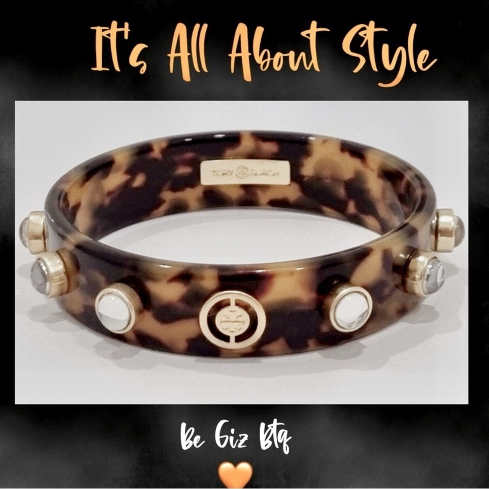 🆕Authentic Tory Burch Split Circle & Hearts Resin Tortoise Logo Bangle Bracelet